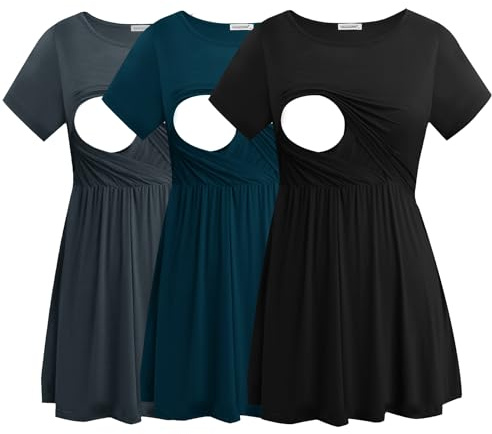 Smallshow Mujer Camiseta Lactancia Manga Corta T Shirt Premama Embarazada 3 Pack,Black-Dark Grey-Teal,L