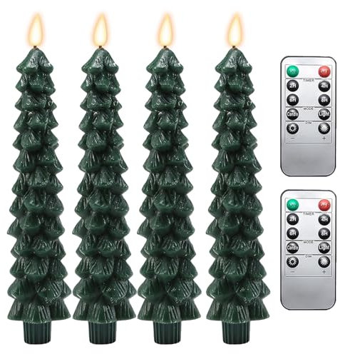 Umiocns Christmas Tree Flameless Taper Candles, Green LED Candlesticks, 9.7Inch Battery Operated Window Candles, Set of 4