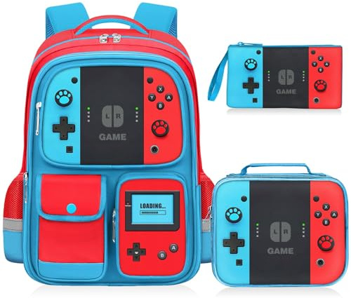 TILYTADLY Kids Backpack for Boys - 3pcs Gamer Boys Backpack with Lunch Box Set for Elementary Middle School - Students Bag for Ages 6-18,17″ Video Game Bookbag Travel Back Pack