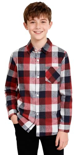 Camisa de algodón para niños de mintgreen, a cuadros de manga larga, 6-12 años, Negro Rojo, 9-10 años