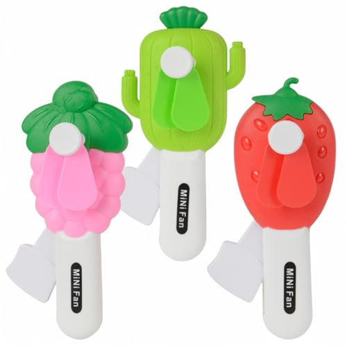 MIJOMA Lot de 3 mini ventilateurs manuels sans piles - Entraînement manuel mécanique - Cactus, fraise et framboise - 15 cm de haut, 7,5 cm de large, 4 cm de profondeur - Parfait pour les déplacements