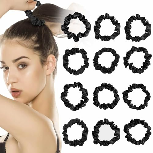 BELEVO 12 Pcs Coleteros pelo Mujer, Suave Coletero Seda Color Gomas Pelo Mujer Niña Scrunchies Pelo Elástico Gomas de Pelo - Negro