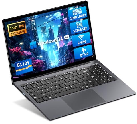 PC Portatile 15.6 Pollici, Win 11 Notebook Core I3-8100Y CPU, Notebook 16GB RAM 512GB SSD, Laptop 1080P IPS FHD Schermo, Portatile con Type-C+TF Card Slot+Mini HDMI+USB3.0+Mini-HDMI+BT5+Webcam+WIFI5