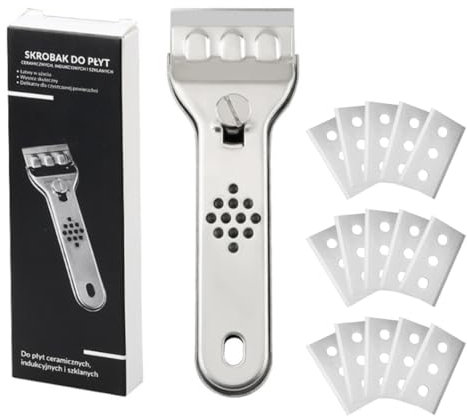 Grattoir vitrocéramique en acier inoxydable, grattoir pour verre de cuisine avec protection lame, grattoir pour table de cuisson en vitrocéramique avec 15 lames de rechange, grattoir plat induction