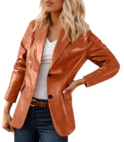 MODSGUE Chaqueta de cuero para mujer, elegante, de manga larga, blazer, chaqueta de traje, para la oficina, blazer largo, de un solo color, corte ajustado, chaqueta sin cierre, chaqueta de punto