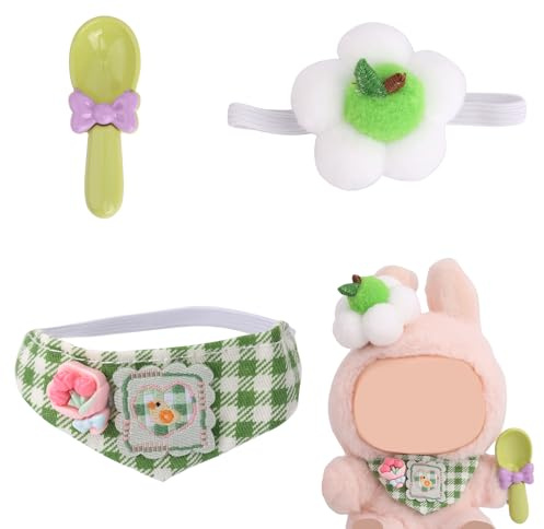 Kawaii 15cm & 17cm Doll Clothes Set, 3-Piece Fashion Outfit with Plush Flower Shape Hat, Bib and Spoon Fresh Green Toy Clothing Accessories for 5.9 and 6.7 Dolls Dress Up(Doll Not Included)