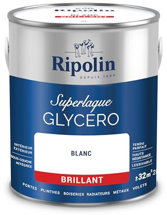 RIPOLIN - Peinture Laque Glycéro Intérieure/Extérieure - Boiseries et Structures Métalliques - Résistance Accrue - Durabilité Remarquable - Blanc - Brillant - 2L