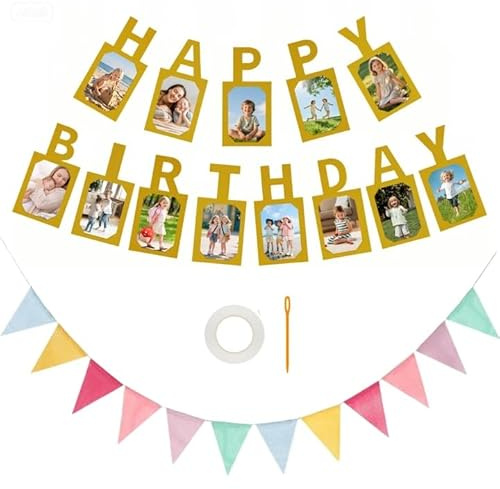 Festone Ghirlanda Foto con 12 Bandierine Triangolari, Banner Ghirlanda Happy Birthday in Carta, Striscione Fotografico Oro, Decorazione Compleanno per Decorazioni per Feste di Compleanno