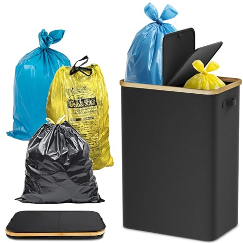 Vireon Gelber Sack Ständer Mülleimer 2 Fächer Geruchsdichter mit Deckel Großer Müllsackhalter für Küche Haushalt 70L-120L Müllsäcke x 2 Müllsystem Behälter Schwarz - Praktischer Müllsackständer