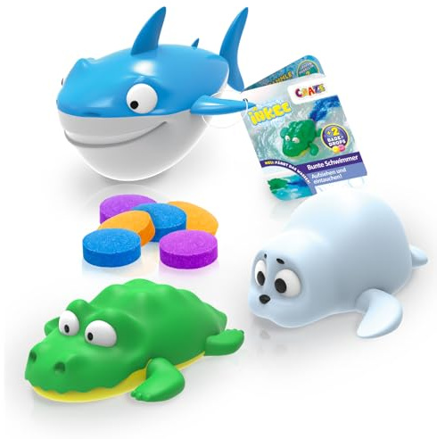 INKEE TOYS Giocattolo da bagno 3 animali marini con squalo, coccodrillo e foca – Set da bagno per bambini con corda a trazione – Divertenti giocattoli acquatici per bambini