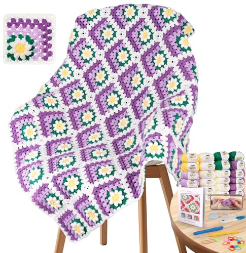Coopay Crochet Kit Principiantes, Juego de ganchillos para Manta de Margaritas 3D, Crochet Kit con Hilo, Ganchillos, Instrucciones Paso a Paso - Morado