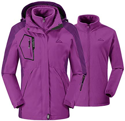 donhobo Womens 3 In 1 Jackets Fleece Ski Jacket Softshell Winter Waterproof Full Zip Windproof Coat Zip Pockets(Purple,M)