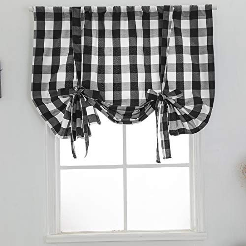 vctops Christmas Black and White Buffalo Check Tie Up Curtains Farmhouse Thermal Insulated Window Adjustable Balloon Curtain Shade for Small Window(24x47, Black)