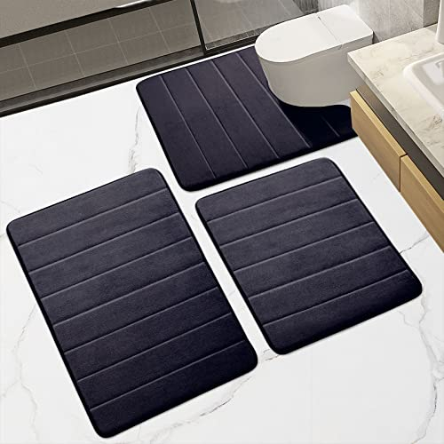HOUYOMICS Bath Mat Set Ultra Soft Non Slip Memory Foam 3 Piece Bathroom Rug Super Absorbent Floor Mat Machine Wash Toilet Mat for Bathroom, Bedroom,Living Room (Grey, 43 * 60+U50*60+50 * 80cm)