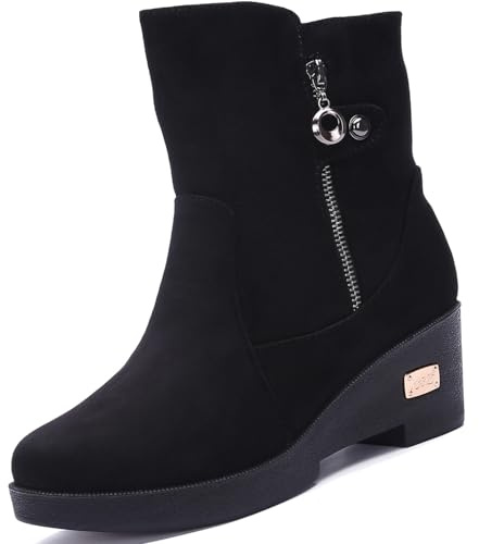 VLOOKST Botas de Nieve Mujer Cuña Botines de Nieve Invierno Pelaje Forradas Impermeable Botas de Moda Plataforma Botas Cortas al Tobillo Negro Talla 36