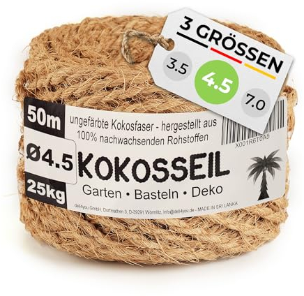 deli4you Kokosseil 4.5 mm x 50 m - Gartenseil Kokosschnur ungefärbt – upcycling Kokosseile Baumbinder Band Pflanzenbinder Kokosstrick Kokusseil Paketschnur