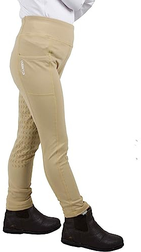 Cameo Equine Junior Core Horse Riding Tights Comfortable Flexible Phone Pocket (Beige, 28 Inch Waist)