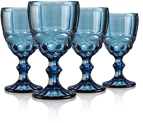 Joeyan Bleu Verres à Eau ou à Vin en Relief,Coloré Rétro Verres à Boire,Verres à Gobelets pour Jus Soda Cocktails,300 ML,Lot de 4,Lavable au Lave-Vaisselle