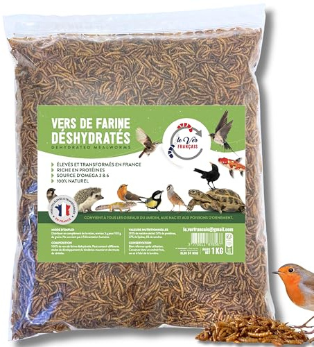 LE VER FRANÇAIS vers de Farine pour Poules 1kg - Élevés Et Séchés en France - Riche en Protéines 55% - Nourriture 100% Naturelle pour Oiseaux, Hamster et Reptiles - Complément Alimentaire Animaux