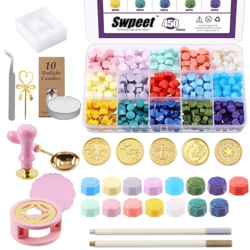 Swpeet 465 st vaxsigill stämpelkit, sigill vaxkit med vaxsigill pärlor, vaxstämplar, vaxvärmare, vintage kuvert och värmeljus ljus för kuvert brevförsegling, inbjudningskort