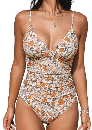 CUPSHE Women's One Piece Swimsuit Tummy Control V Neck Ruched Adjustable Straps, L Yellow Floral
