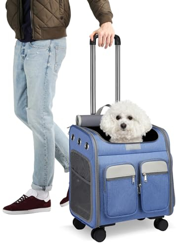 PETCUTE Katzenrucksack Hunderucksack mit Trolley 2 in 1 bis 11 kg,Faltbarer Hundetrolley mit 4 Rädern,Herausnehmbarer Matte,Multifunktionaler,Atmungsaktive Haustier-Reisetrage für Katzen und Welpen