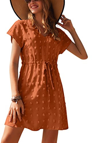 Ekouaer Strandöverdrag Dam Strandklänning Kort Klänning Sommar Bikini Cover Up V-ringning Kortärmad Casual Klänning S-XXL, Karamellfärg, M