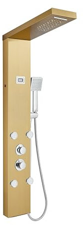 OUGOO Pannello doccia oro con rubinetto, pannello doccia a LED, funzione pioggia e cascata, completo di 2 tipi di ugelli massaggianti, display temperatura e doccetta a mano, in acciaio inox