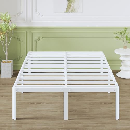 Lutown-Teen Lit Metal 160x200 cm avec Pieds d'angle Ronds, 46 cm de Haut, 2 Places, Cadre de Lit 160x200 avec Sommier à Lattes en Métal, Deux Personnes, Espace de Rangement en Dessous, Blanc