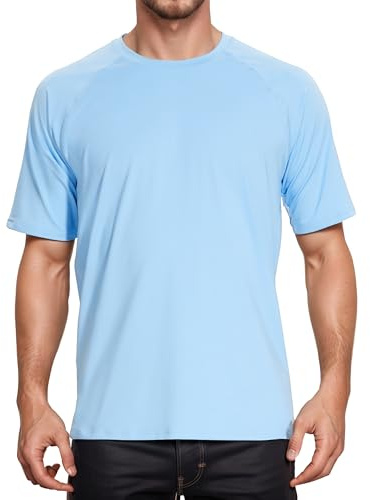 Peakwell Hommes Protection Solaire T-Shirts Rashguard UPF 50+ T-Shirts de Sport Outdoor Fonctionnels Manches Courtes, Bleu Clair, 3XL