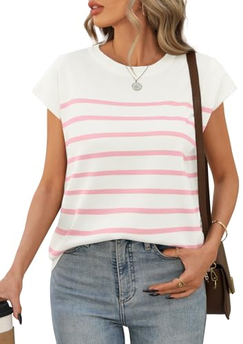 Niwicee Camisetas Manga Corta Mujer Camiseta Mujer Verano Top Mujer Tshirt de Rayas Tops con Cuello Redondo Básica Slim Fit para Mujer Top Elegantes Blusas Informales