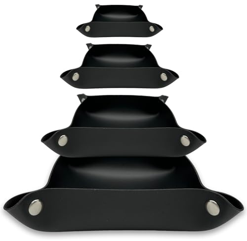 MIQIO® Design Aufbewahrungsschalen aus veganem Leder mit Druckknöpfen - 3 +1 Set - quadratischer Aufbewahrungskorb aus Kunstleder für Briefe, Schlüssel, Smartphone - faltbare Utensilo Schale - schwarz