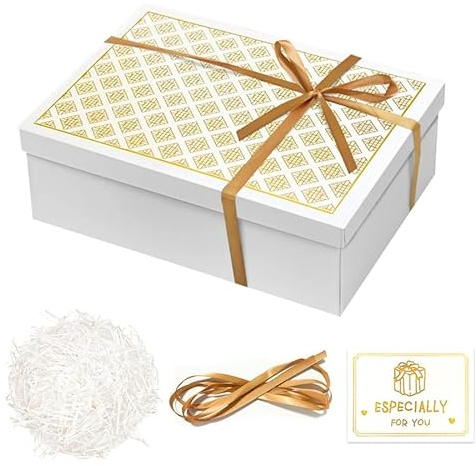 XWCHASA White Gift Boxes for Presents, 25x18x8.5cm Gift Box with Lids Silk Ribbon & Greeting Card, Specially Designed for Valentines Day, Birthdays, Holidays, Christmas, Anniversaries Gift