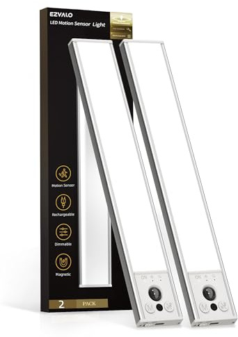EZVALO 10inch Under Cabinet Lighting, LED Motion Sensor Light Indoor, 2400mAh USB Rechargeable Closet Lights, Dimmable & Magnetic Wireless Under Counter Lights for Kitchen, Pantry, Stairs (2 Pack)