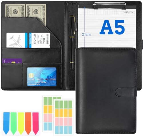 Schreibmappe A5 Klemmbrettmappe, PU-Leder Konferenzmappe DIN-A5 mit Magnetverschluss, Schreibbrett Klemmbrett inklusive A5 Notizblock und Stift für Rechtsanwälte Schüler Lehrer & Kinder - Schwarz
