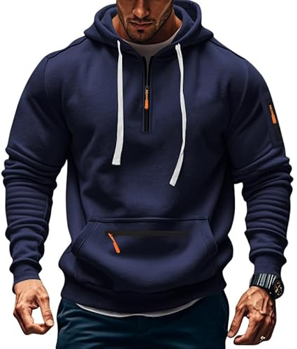 TAFLE Men's Fleece Hoodie Sweatshirts Workout Athletic Hoodies Long Sleeve Quarter Zip Pullover Sweatshirt with Kanga Pockets Navy