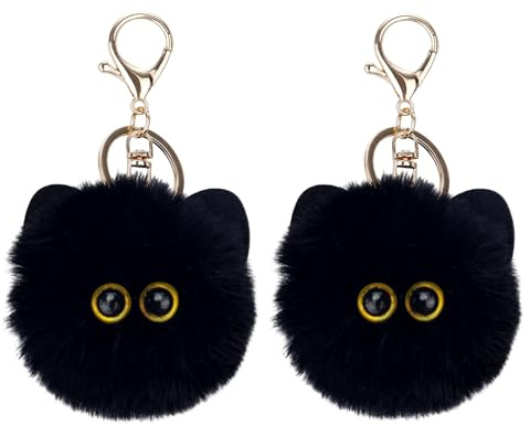 2pcs Porte-clé Peluche Chat Noir, Mignon Porte-clé Pompon Chat Doux Kawaii Charmes de Sac à Dos pour Femmes Filles Clés Voiture Portefeuilles Accessoires de Sac