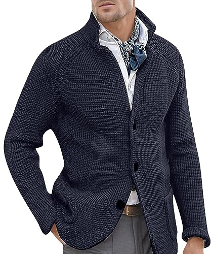 Cárdigan de Algodón Hombre con Botones Chaqueta Punto Hombre de Manga Larga con Cuello Tejido de Lana Sólida de Ocio a la Moda Abrigo de Punto con Bolsillos (C-Navy, XXXL)