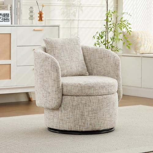 Sweiko Fauteuil Pivotant à 360° avec Coussin Décoratif,Tissu Chenille,Adapté aux Salons et Chambres à Coucher (Ivory)