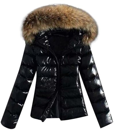 Generisch Doudoune brillante pour femme - Courte - Avec col en fourrure - Capuche en fourrure - Veste d'hiver chaude - Manteau doublé en polaire - Parka Puffer Jack - Grande taille - Élégant - Manteau