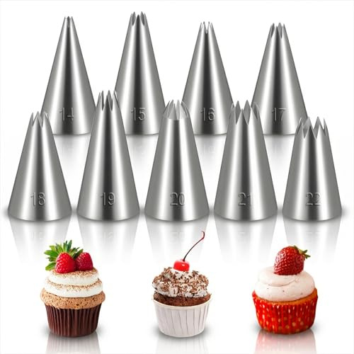 SHENLIU 9 stycken professionellt håltagningsset med blommor spritstyllar rostfritt stål tyllar spritstyll stor återanvändbar piping tips stjärntyllar för grädde tårta bakning tårtspruta (9 storlek)