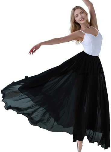 MUNAFIE Women's Chiffon Flowy Skirts Belly Ballet Dancing Long Maxi Skirt Flamenco Performance Skirt Black