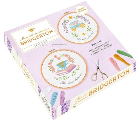 Bridgerton - Mon kit de broderie: Coffret avec 2 toiles à broder, 1 aiguille, 1 tambour en bois, 6 échevettes de fil