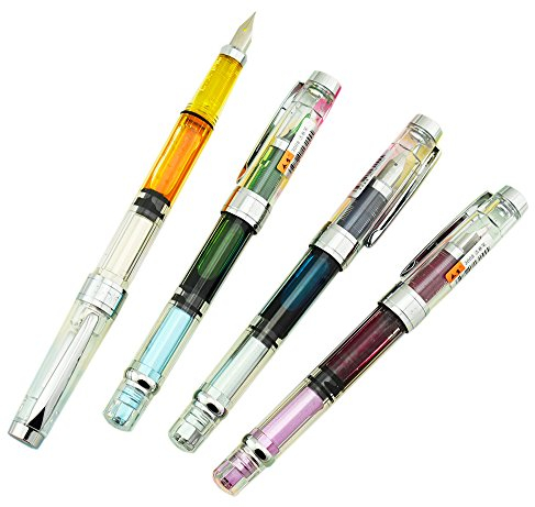 Lanxivi 3008 Piston Fountain Pen EF Extra Fine Nib, Transparent Gold Trim 4 Colors Set