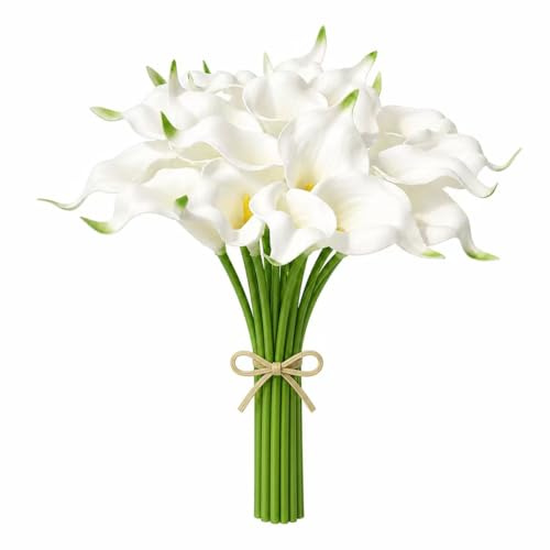 Mandy's Flores artificiales de lirio de cala blanco, 20 tallos de 13.5 pulgadas, ramo realista de poliuretano para jarrón, elegante centro de mesa de decoración del hogar, ramo de novia de boda