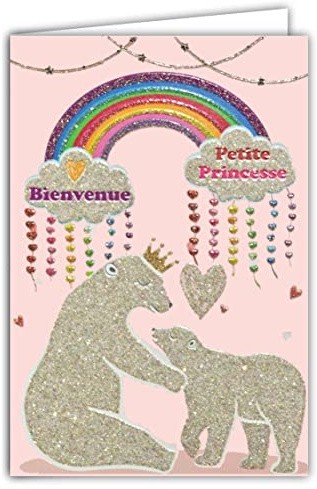 66-1161 Carte avec Paillettes Bienvenue Petite Princesse Bébé Fille - Rose Naissance ou Adoption Ours Blancs Polaires Animaux Cœurs Nuages Arc-en-ciel Couronne Mignon - Fabriquée en France