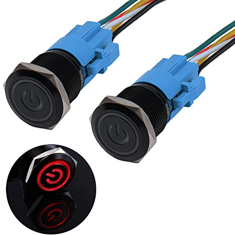 JIQI 2 × 19 mm tryckbrytare 12 V till 24 V 3 A vattentät latchbrytare av aluminiumlegering IP66 1NO1NC förkopplade svart på/av-brytare med strömsymbol LED för motorcykel båt lastbil RV (röd)