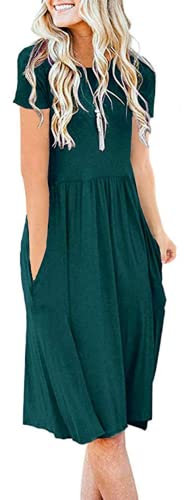 AUSELILY Summer Dresses for Women Short Sleeve Knee Length with Pockets Loose Pleated Empire Dress T-Shirt Dresses Dark Green