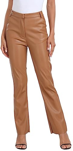 HDE Women's Faux Leather Pants High Waisted Straight Leg Trousers with Pockets Camel Brown - S