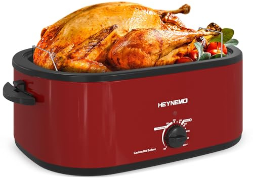 26 Quart Electric Roaster Oven with Visible & Self-Basting Lid, Large Turkey Roaster with Defrost Warm Function, Adjustable Temperature, Removable Pan Rack, Stainless Steel, Red